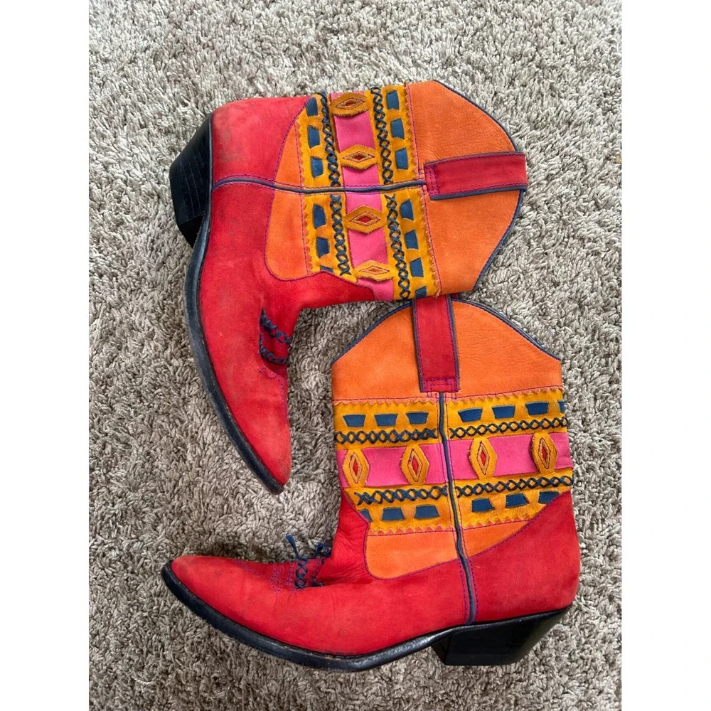 Womens Red Orange Embroidered Western Boho Festival Cowboy Boots Retro Tribal 7M - Picture 9 of 10